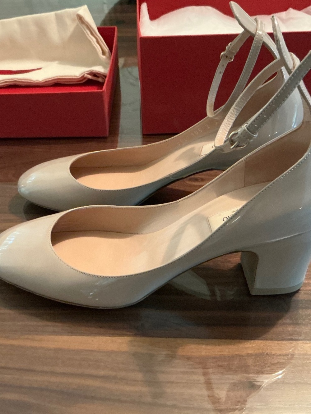 Valentino Tan Patent Leather Ankle Strap Heels